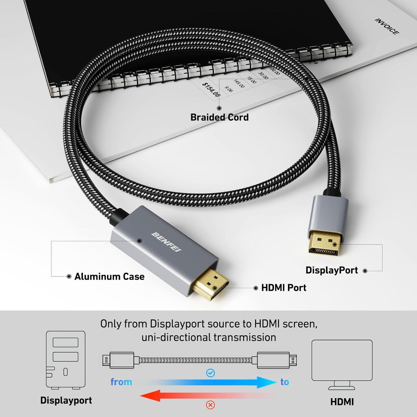 4K 3 1.2 1.4 BENFEI DisplayPort to HDMI Feet Cable[Aluminum Shell, Nylon Braided], Uni-Directional DP Computer to HDMI