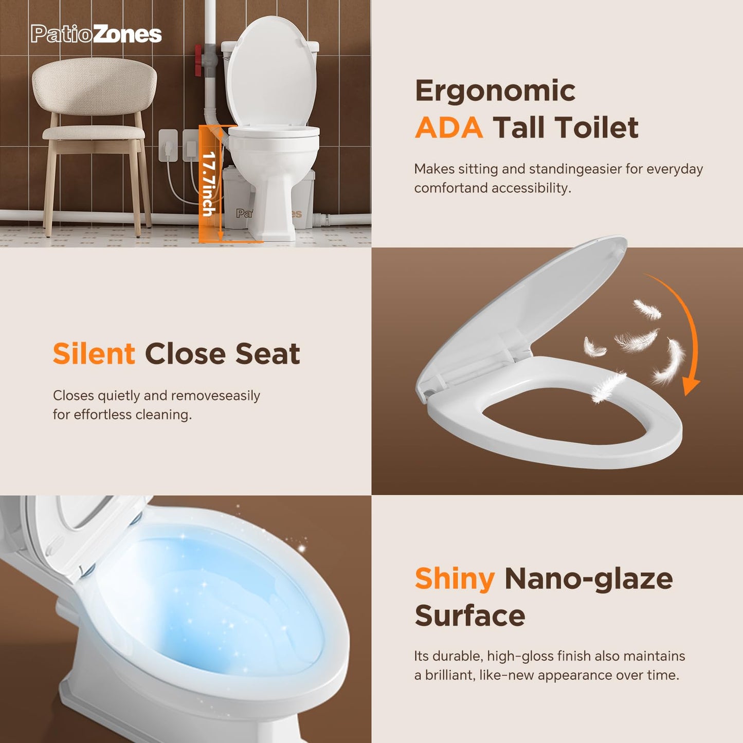 Macerating Toilet Kit/Combo for Upflush System, Toilet with Pump, Heated Toilet Seat, Quiet Copper Motor Sewage Macerator Pump with 4 Inlets for Basement/Sink/Shower, 23ft Lifting Up