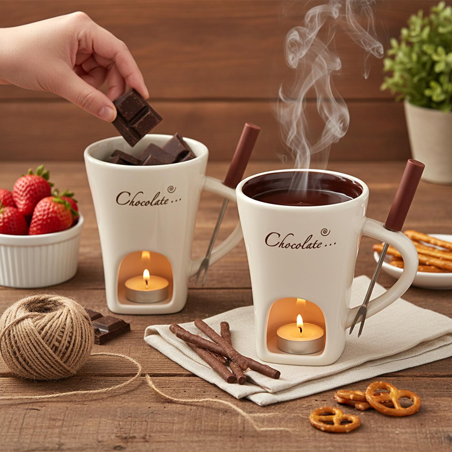IMengjbang 2 Pack Ceramic Chocolate Fondue Mugs with 2 Forks, White Personal Fondue Mugs Melting Pot for Cheese Caramel Butter Suitable for Date Night Birthday Wedding Gifts
