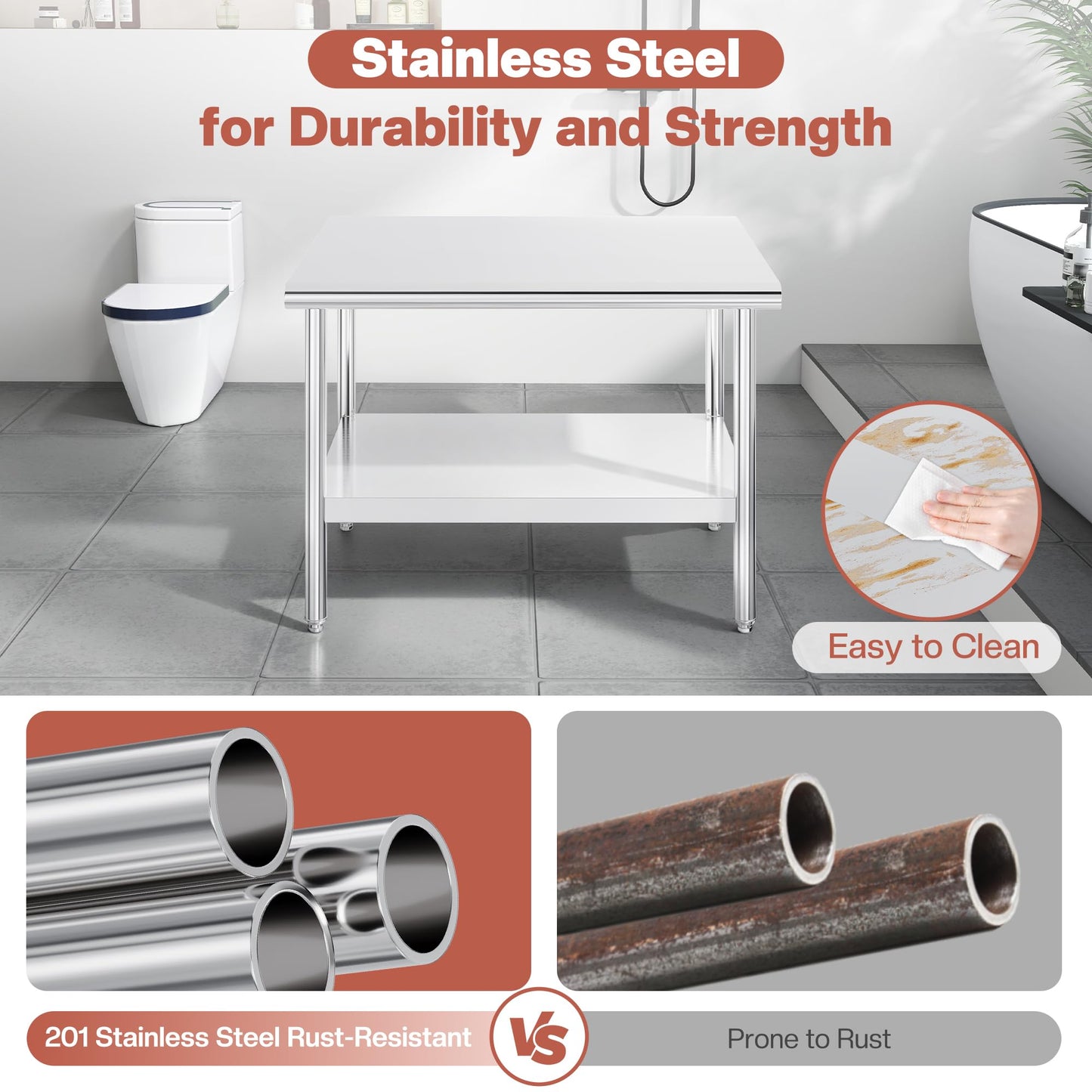 Jocisland 30" x 48" Stainless Steel Table for Prep & Work, Food-Grade Stainless Steel Adjustable Under Shelf and Feet, for Commercial Kitchen, Restaurant, Hotel, Garage
