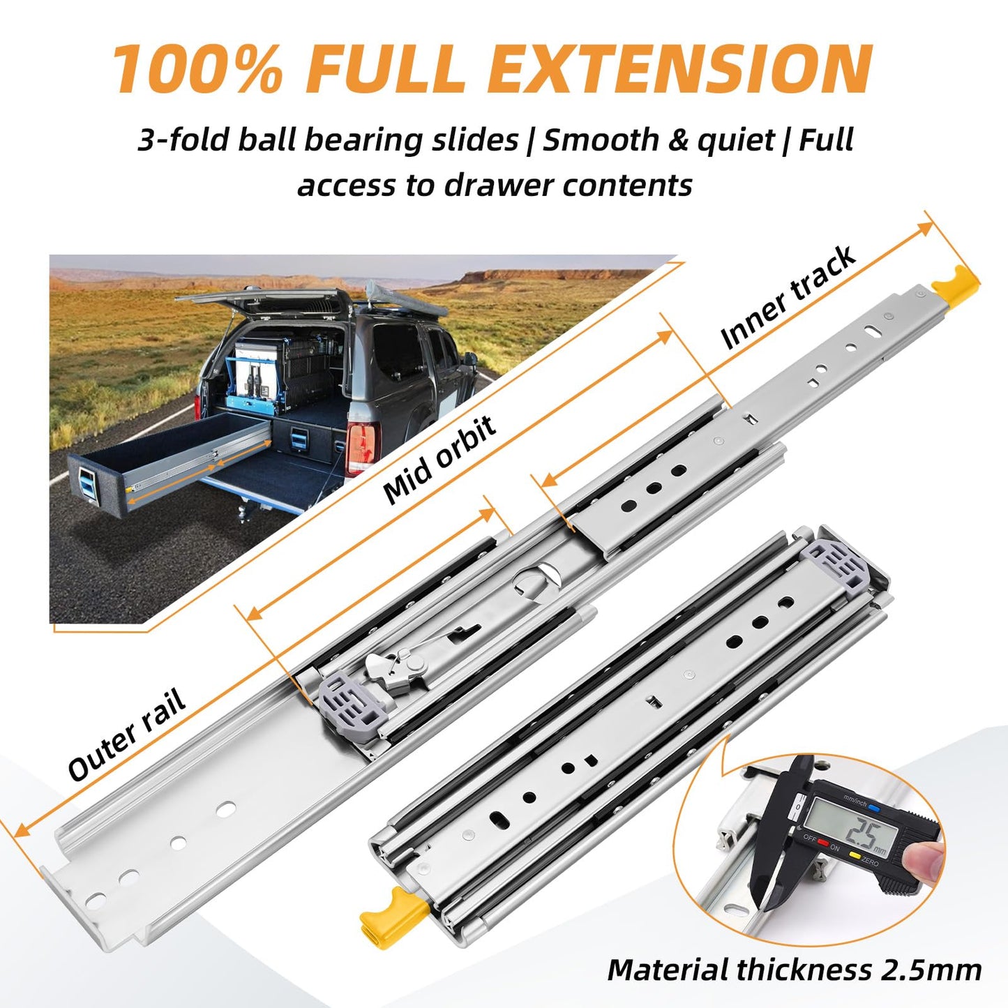 VAGUDE with Lock Heavy Duty Drawer Slides 12 14 16 18 20 22 24 26 28 30 32 34 36 40 44 48 52 56 60 Inch 500 Lbs Side Mount Full Extension Ball Bearing Rails Rail Tool Box Runner-W:76mm, 12 Inch