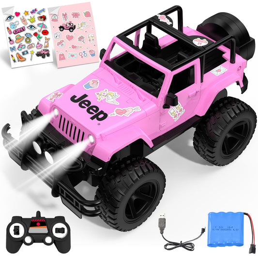 DOUBLE E Jeep Licensed 1:14 Scale Pink Remote Control Car for Girls with 2*DIY Stickers, Open-top Design RC Jeep, 80Min Play 2.4Ghz Off Road RC Trucks with LED Lights, Birthday/Xmas Gifts for Girls 6+