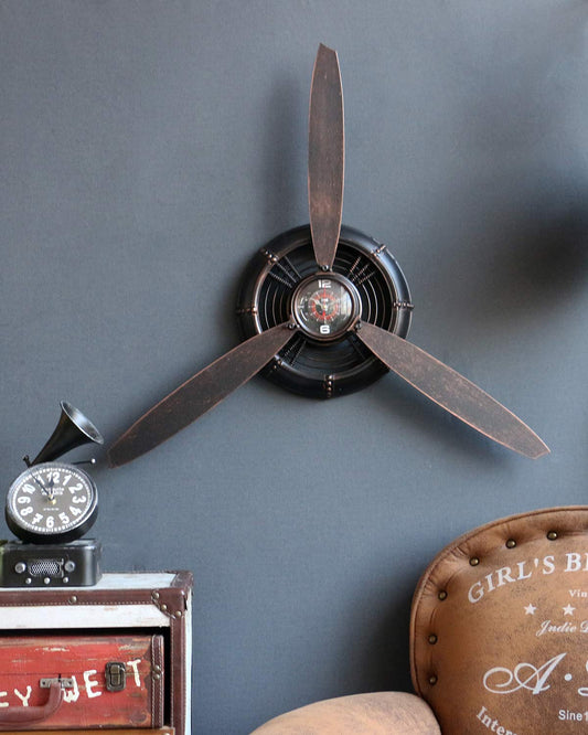 AOROTOE Metal Wall Decor Art Antique Airplane Propeller Aviation Wall Clock for Living Room Bedroom Rustic Wall Sculptures Brown 29.5×26.4 inches