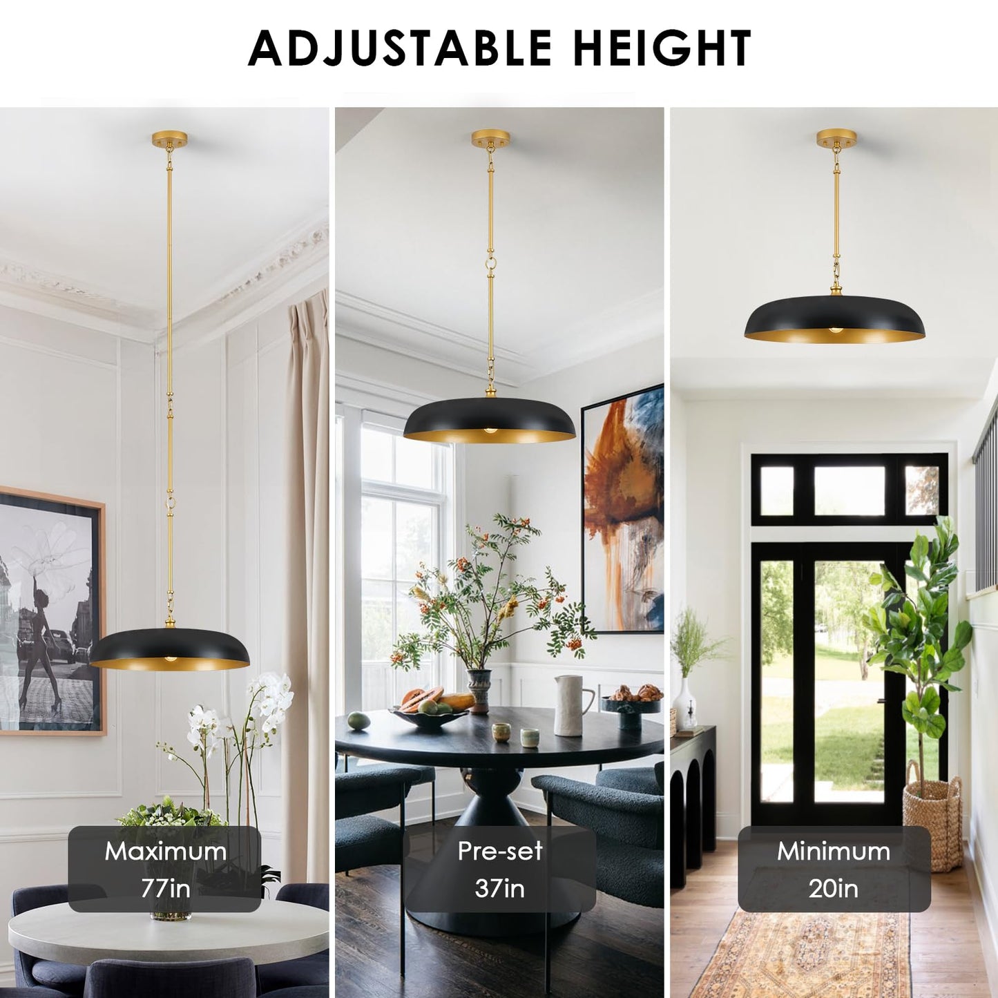 Large Pendant Light 20in Black and Gold Dome Pendant Lights 3 Light Socket Pendant Light Fixture with Adjustable Pendant Lighting for Kitchen Island Dining Room Kitchen Sink, E12
