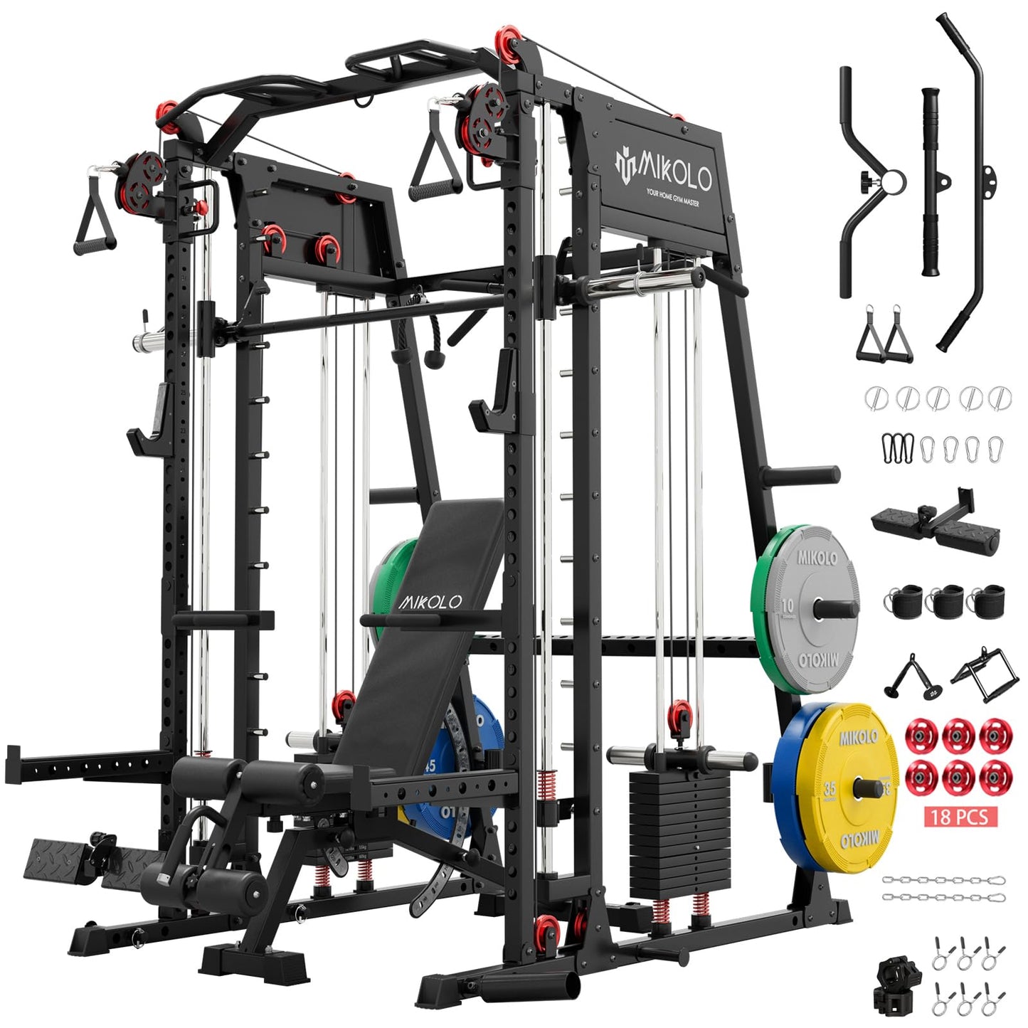 Mikolo Smith Machine, 2200lbs Squat Rack with LAT-Pull Down System & Cable Crossover Machine, Power Rack and Packages (BPRO230CPHGP with Weight Stack)