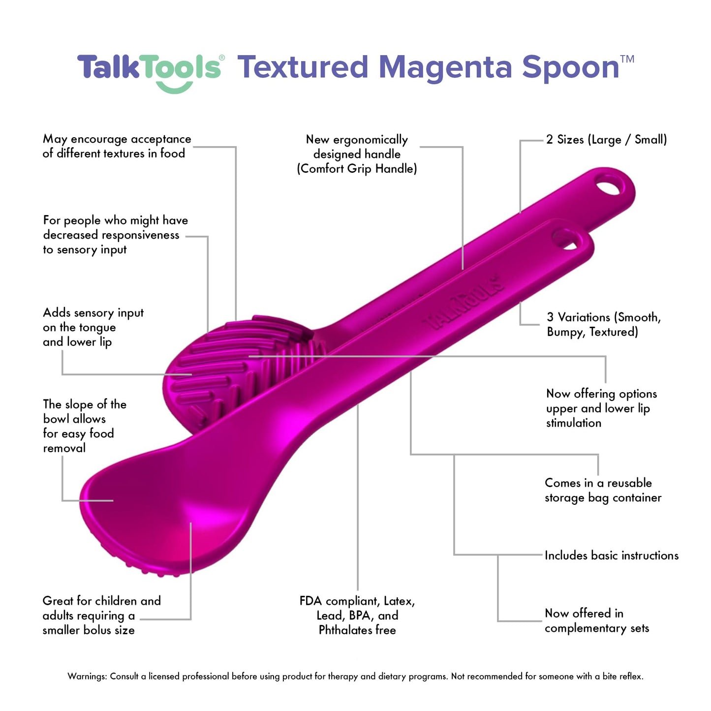 TalkTools Wee Textured Magenta Spoons - Oral Awareness During Feeding | Encourages Lip Closure | Ideal for Therapy | User Friendly Design for Adults and Children | Dishwasher Safe | Food Grade - 6 Pk