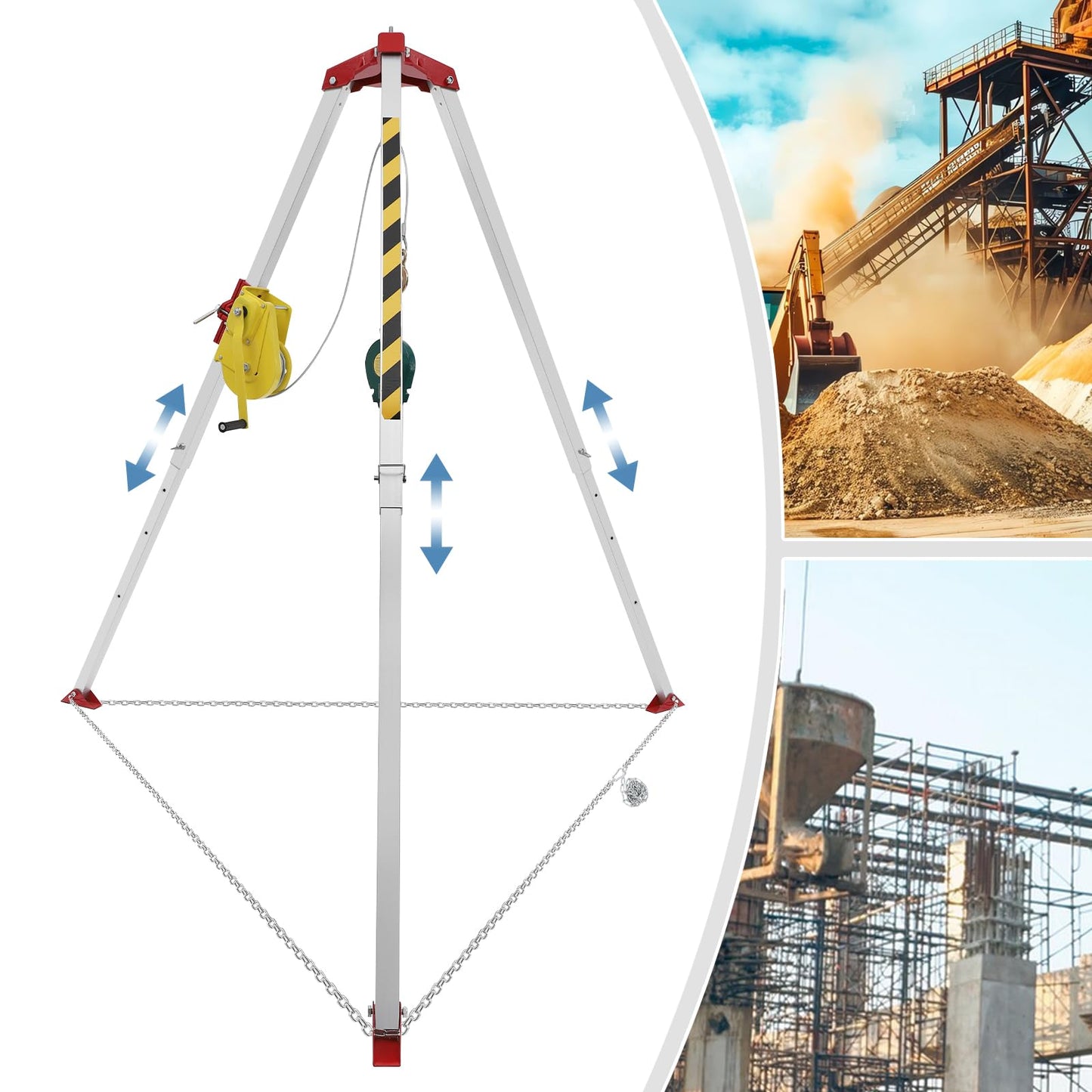 Confined Space Tripod Kit, Tripod Kit with 2600LBS Winch, Confined Space Rescue Tripod | 8.04ft Leg Bracket | 5.2-8ft Working Height | 1102.31lbs Tripod Load | 65.62ft Steel Wire Rope Length