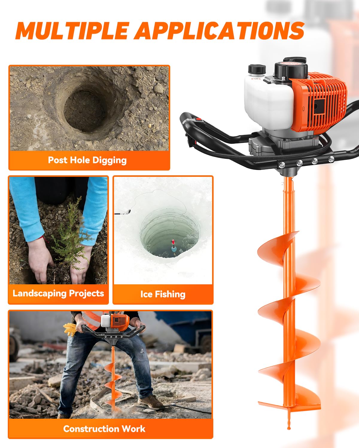 NEO-TEC 63CC Post Hole Digger Auger Drill Gas Powered 2-Stroke & 6" 10" Drill Bits + 3 Extension Bar, Earth Auger Petrol Drill Borer for Garden Lawn for Planting