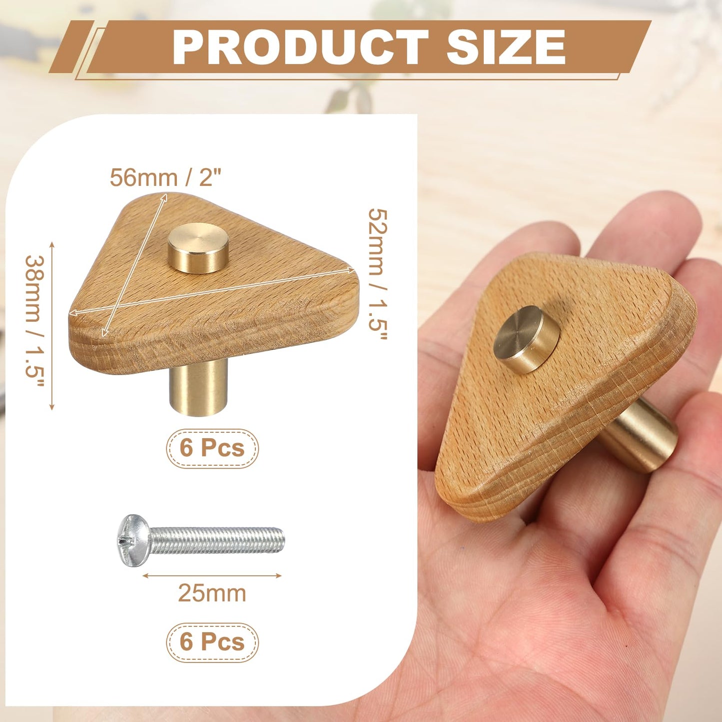 uxcell 6 Pcs Wood Cabinet Knobs, 2.2 Inch Triangular Single Hole Wooden Drawer Knobs Mushroom Shape Handle Pulls with Screws for Furniture Closet Dresser, Copper Wood Color