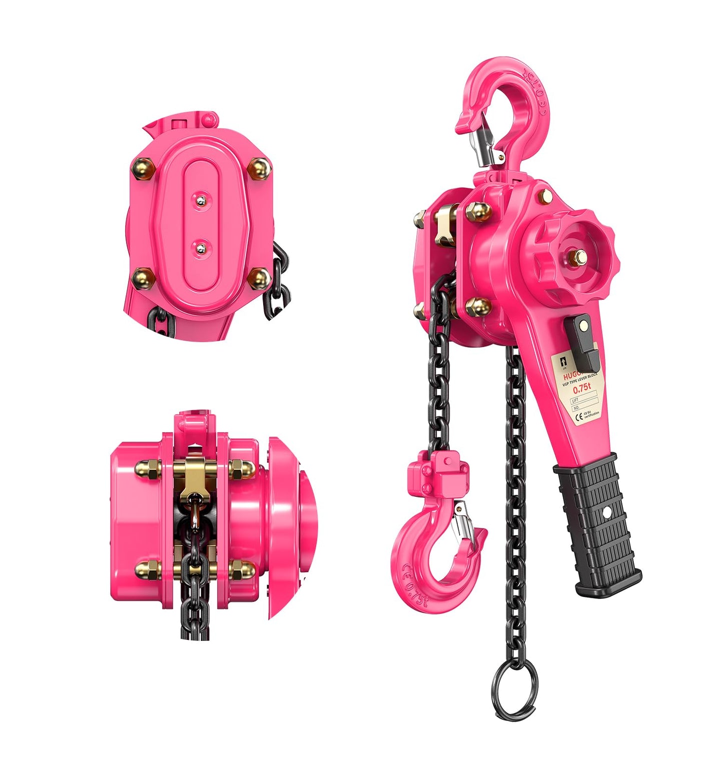 HUGOASIS 3/4 Ton 1650lbs Lever Chain Hoist Capacity 5ft,Chain Come Along with Dual Brake System, G80 Manganese Steel Chain, 2 Heavy Duty Hooks for Garages Warehouse Automotive Machinery – Pink