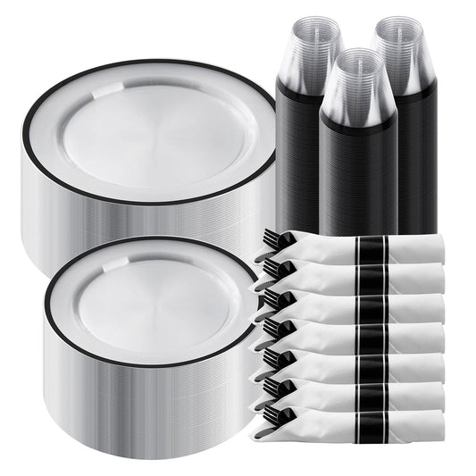 Goodluck 350 Piece Black Plastic Dinnerware Set for Party, Clear Disposable Plates for 50 Guests, Includes 100 Plates, 50 Pre Rolled Napkins with Cutlery Set, 50 Cups, for Graduation Party, Wedding