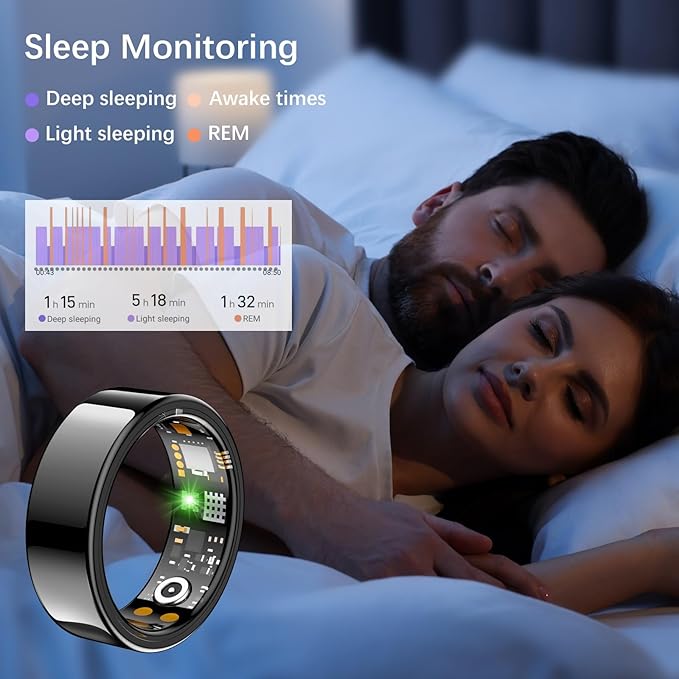 Smart Health Ring for Women Men, Fitness Tracker Ring with Heart Rate, Blood Oxygen, Sleep Tracker, Step Tracker, No Subscription Fee, IP68 Waterproof Smart Ring for iPhone & Android (Black, 7#)