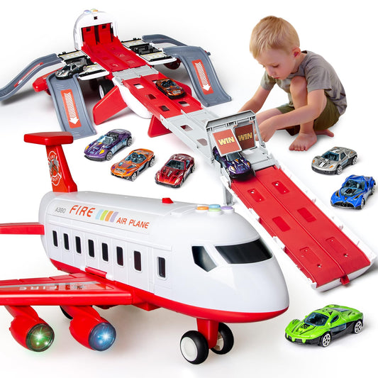 Cmartlarge Airplane Toy with 4 Layer Foldable Race Track, Transport Carrier Plane with 6 Race Cars, LED Lights & Sounds, Toddlers Toys Birthday for 3 4 5 6+ Years Old Boys Girls