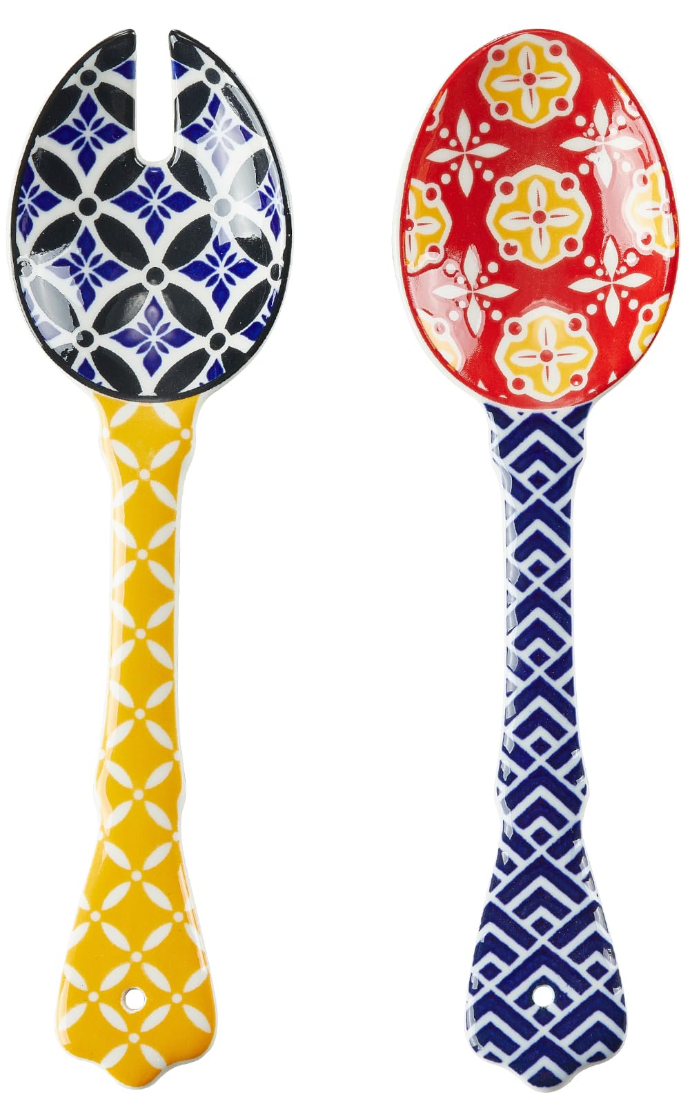 Metahom Ceramic Salad Servers, 9" Salad Spoon and Fork Set, Salad Tongs for Mixing, Tossing, Cooking and Stirring, Dishwasher & Microwave Safe, Set of 2, Yellow & Blue