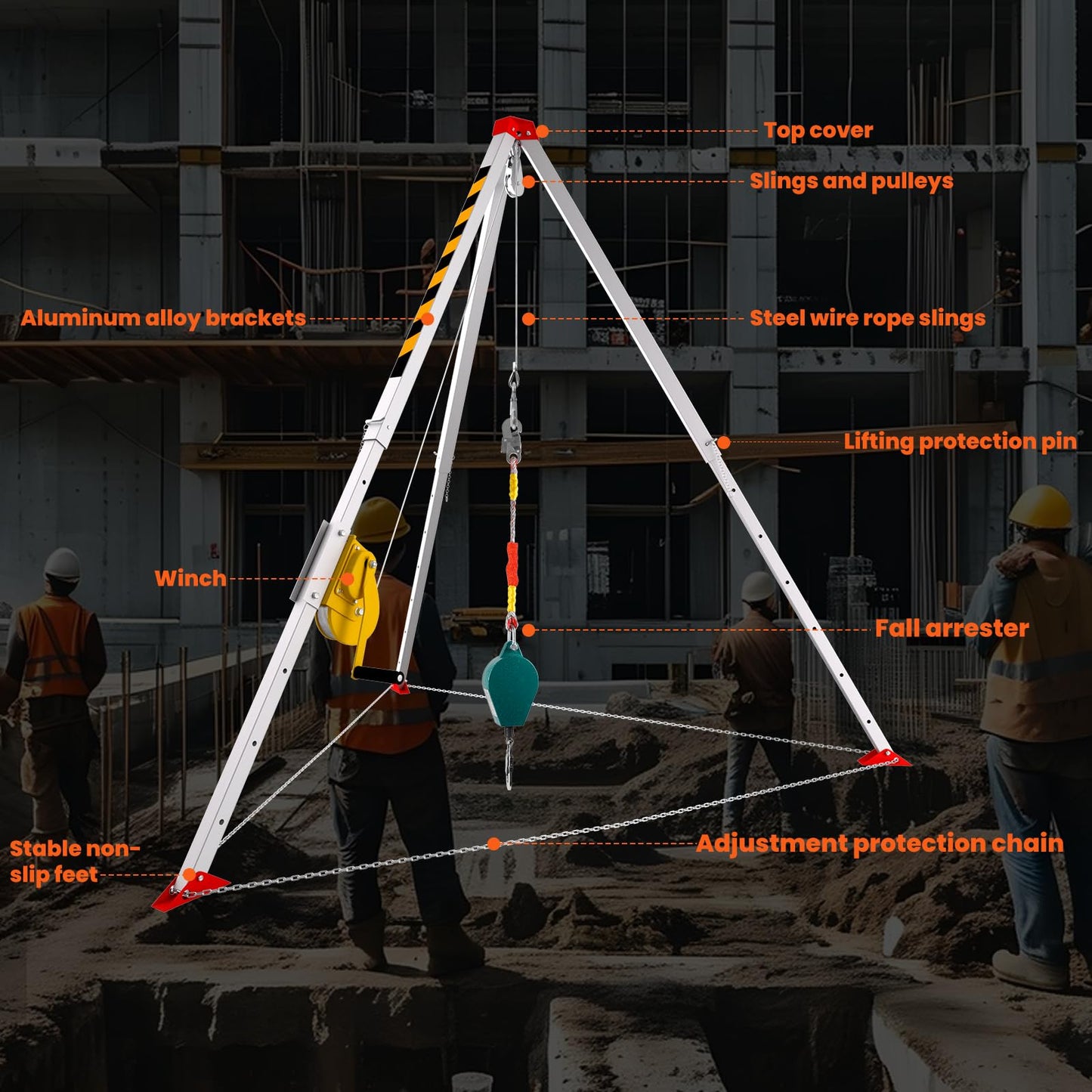 Confined Space Tripod Kit, 3000 Lbs Winch, Steel Confined Space Rescue Tripod with Adjustable 7' Legs & 98' Cable, 33' Fall Protection/Harness/8' Protection Chain, Safety Self-Locking Device