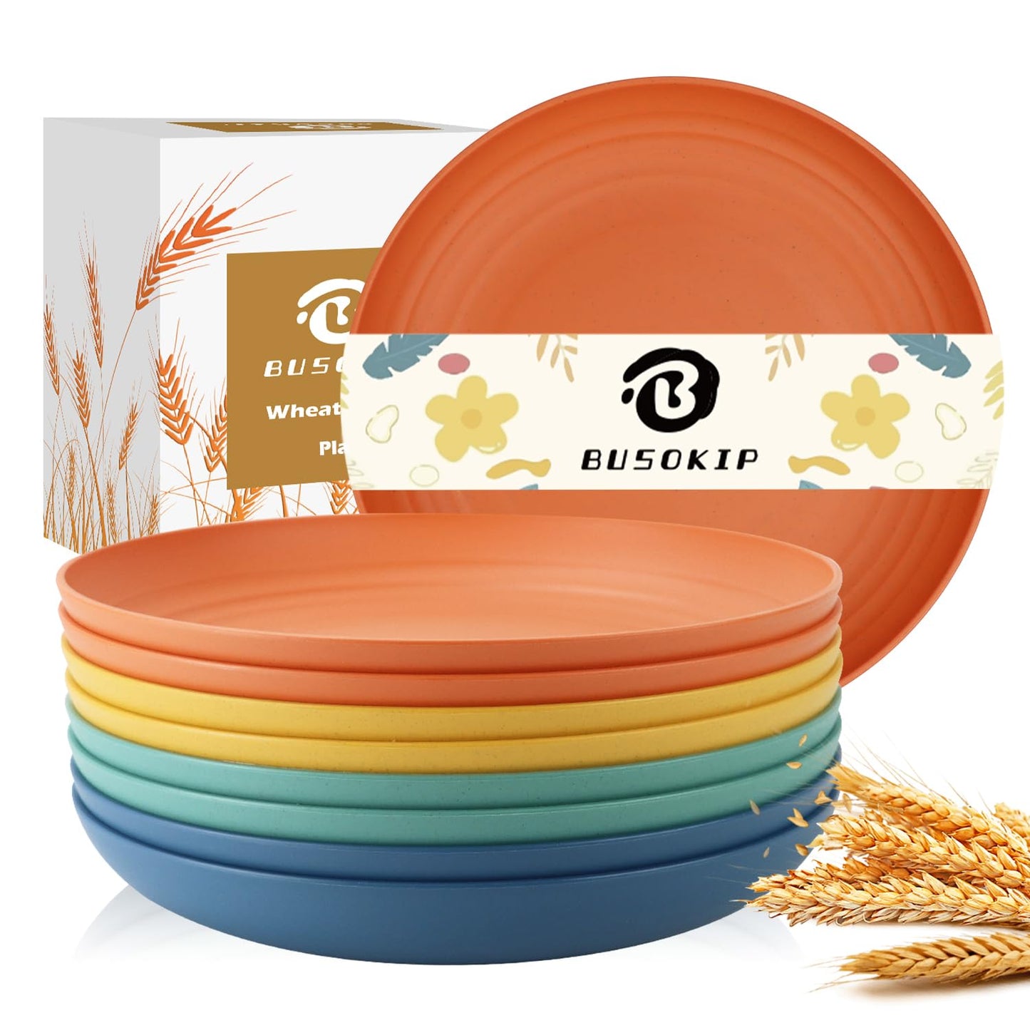 BUSOKIP Wheat Straw Plate 9 Inch, Deep Dinner Plates Set of 8, Unbreakable Plastic Plate Reusable, Microwave & Dishwasher Safe Kitchen Plates for Camping, Picnic, Travel, Outdoor (Multi Colors)
