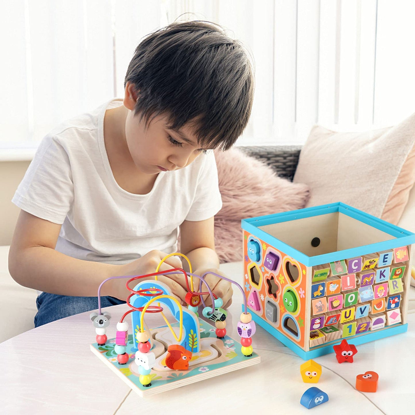 Qilay Wooden Activity Cube for Toddlers (Large), 5 in 1 Multipurpose ABC-123 Abacus Bead Maze Shape Sorter | Early Educational Toy for Toddlers - First Birthday Present for Boys Girls