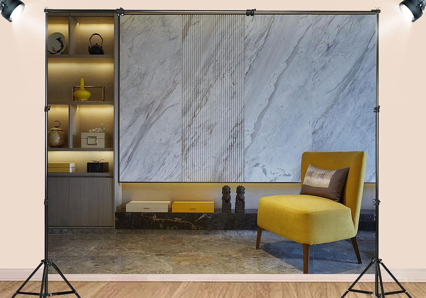 SHDASMIL 5X4ft Luxury Marble Wall Interior Backdrop Yellow Accent Chair Elegant Shelf Background Modern Asian Style