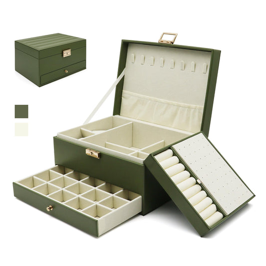Jewelry Organizer Box, Jewelry Box Organizers for Women Girls, 3 Layers Large Leather Jewels Storage Case for Earring, Rings, Necklaces Bracelets, Big and Small Jewellery, Watch, Gift (OliveGreen)