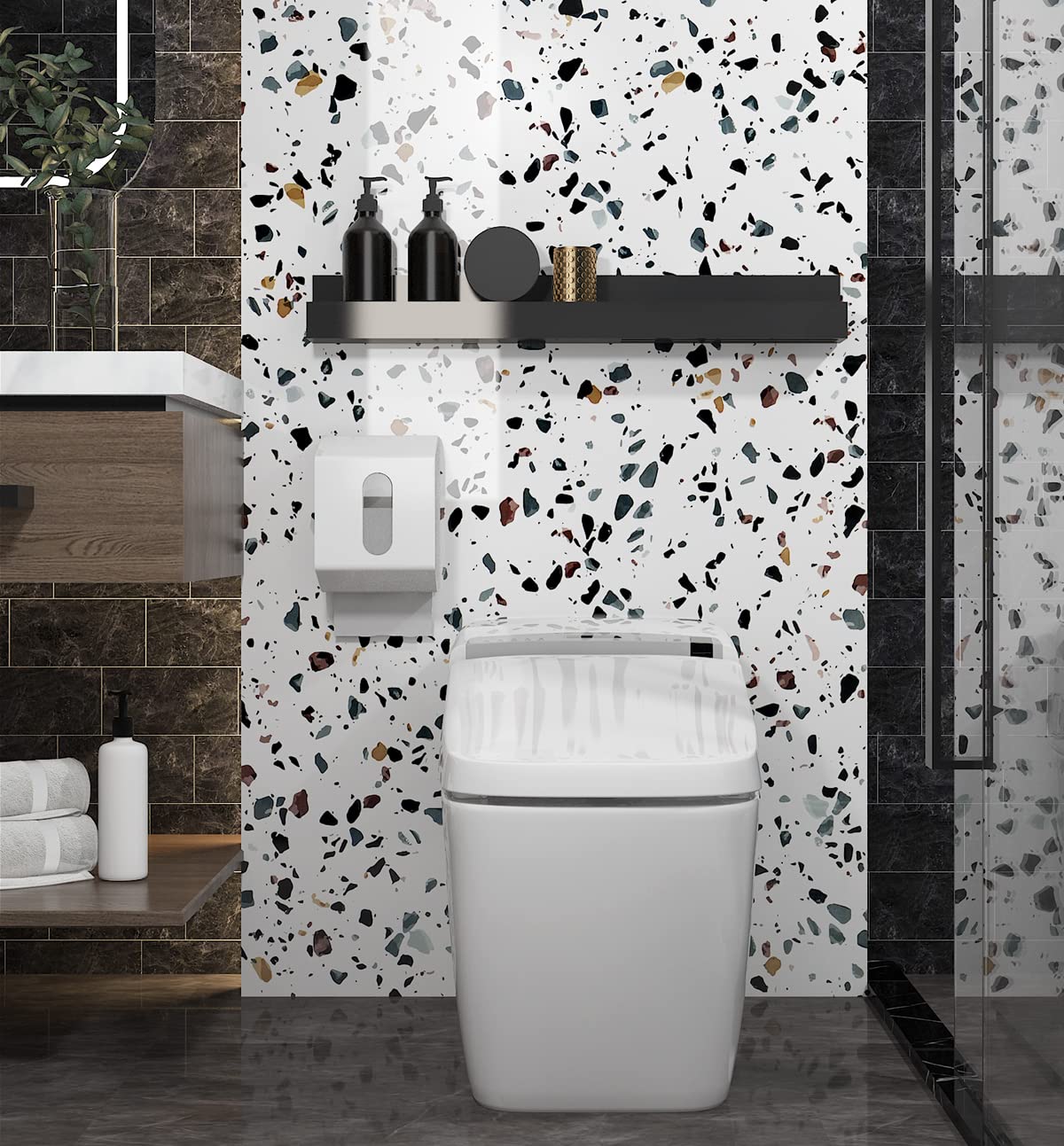 AbaBoorty 394x15.8 Inch Terrazzo Contact Paper Stick and Peel Wallpaper for Countertops White Granite Removable Wall Paper Covers Counter Top Old Furniture Waterproof