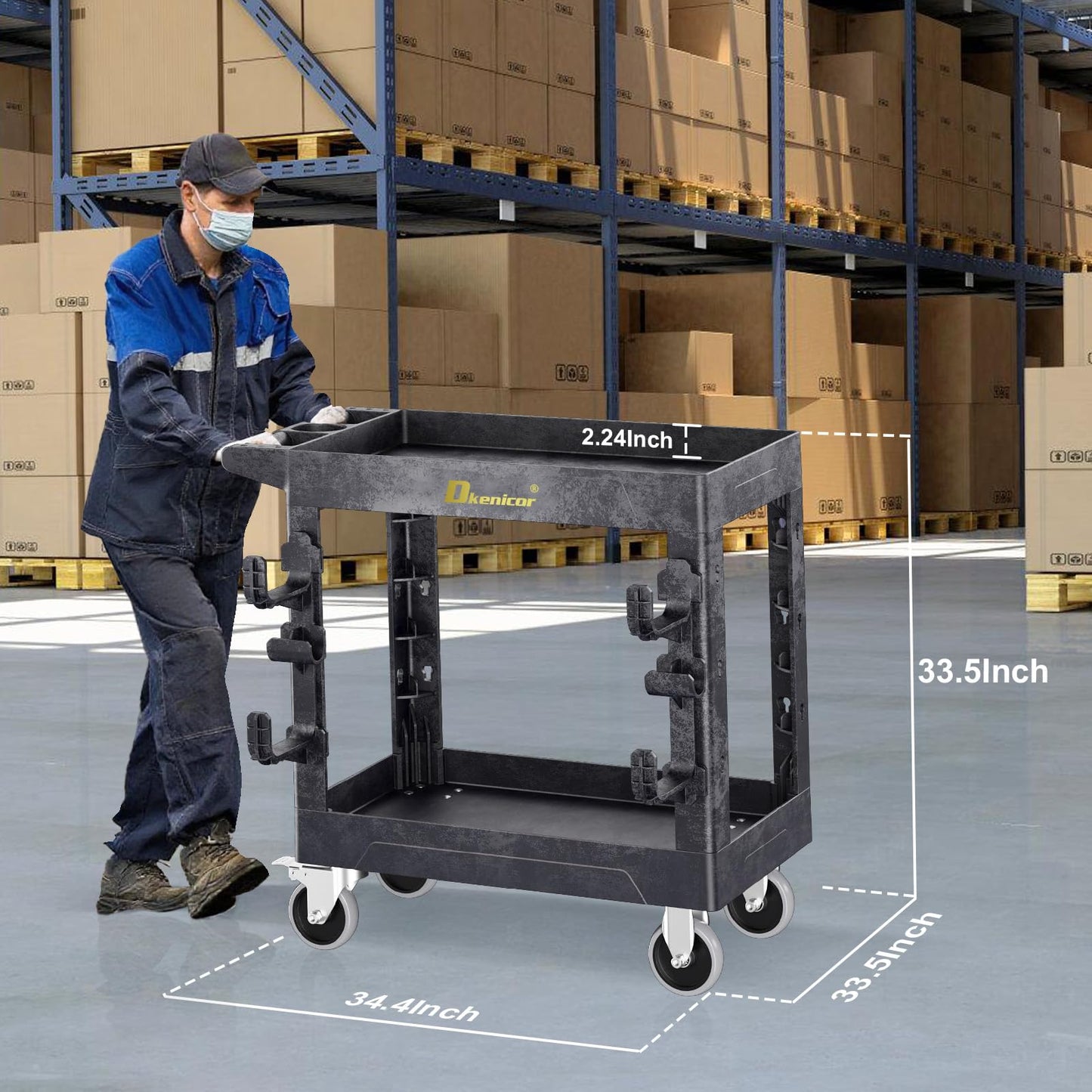 Heavy Duty Plastic Utility Cart 850Lbs, 34" x 17" Rolling Work Cart with Wheels - 2 Tier Service Cart for Warehouse/Garage/Garden - Upgraded 2 Side Tube Hooks, 360° Swivel Lockable Wheels