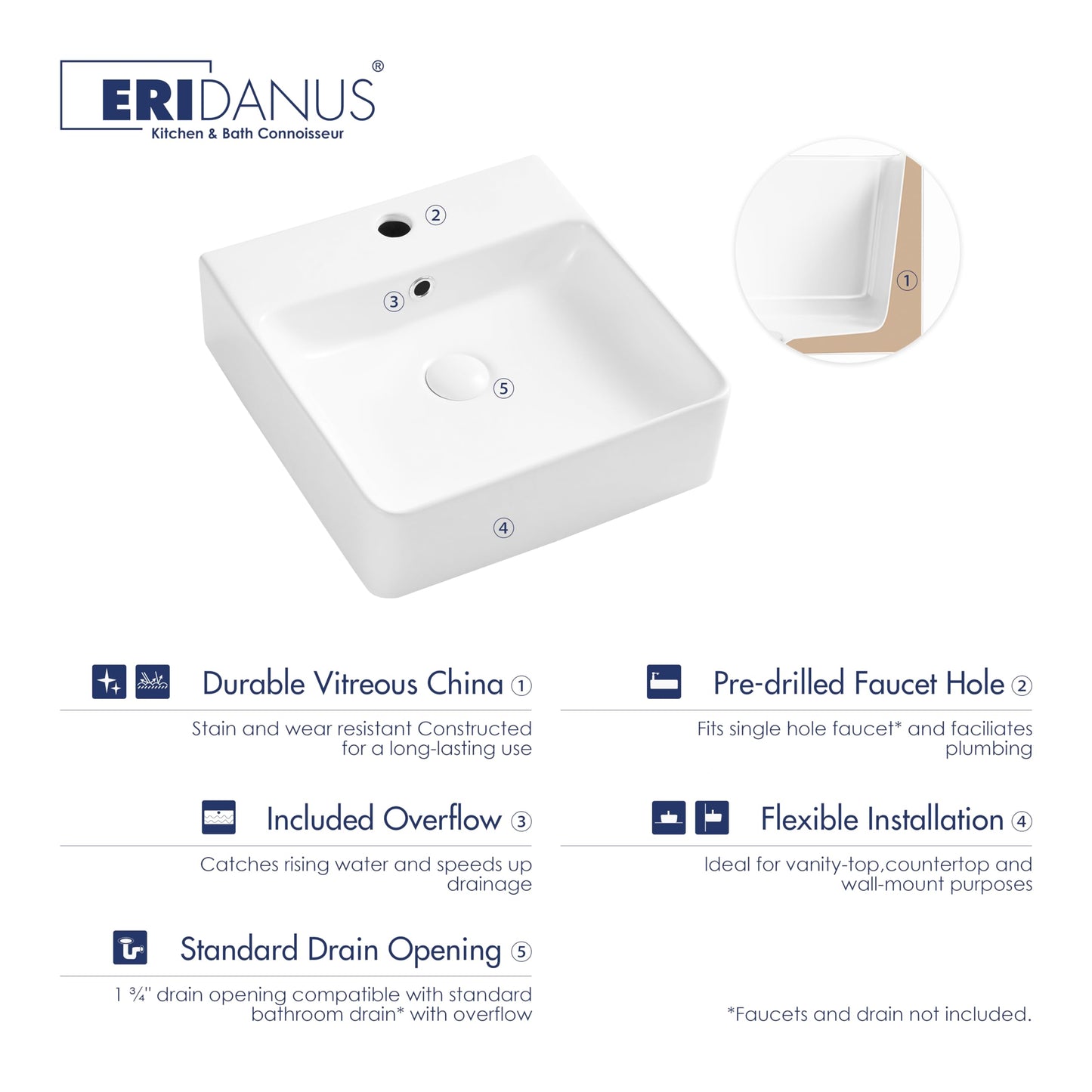 24" x 16.5" Bathroom Sink Vessel Rectangle, Eridanus Hang Wall Mount Sinks Countertop Vanity Floating Trough Washbasin, Ceramic Porcelain Modern White Art Basin Bowl with Overflow