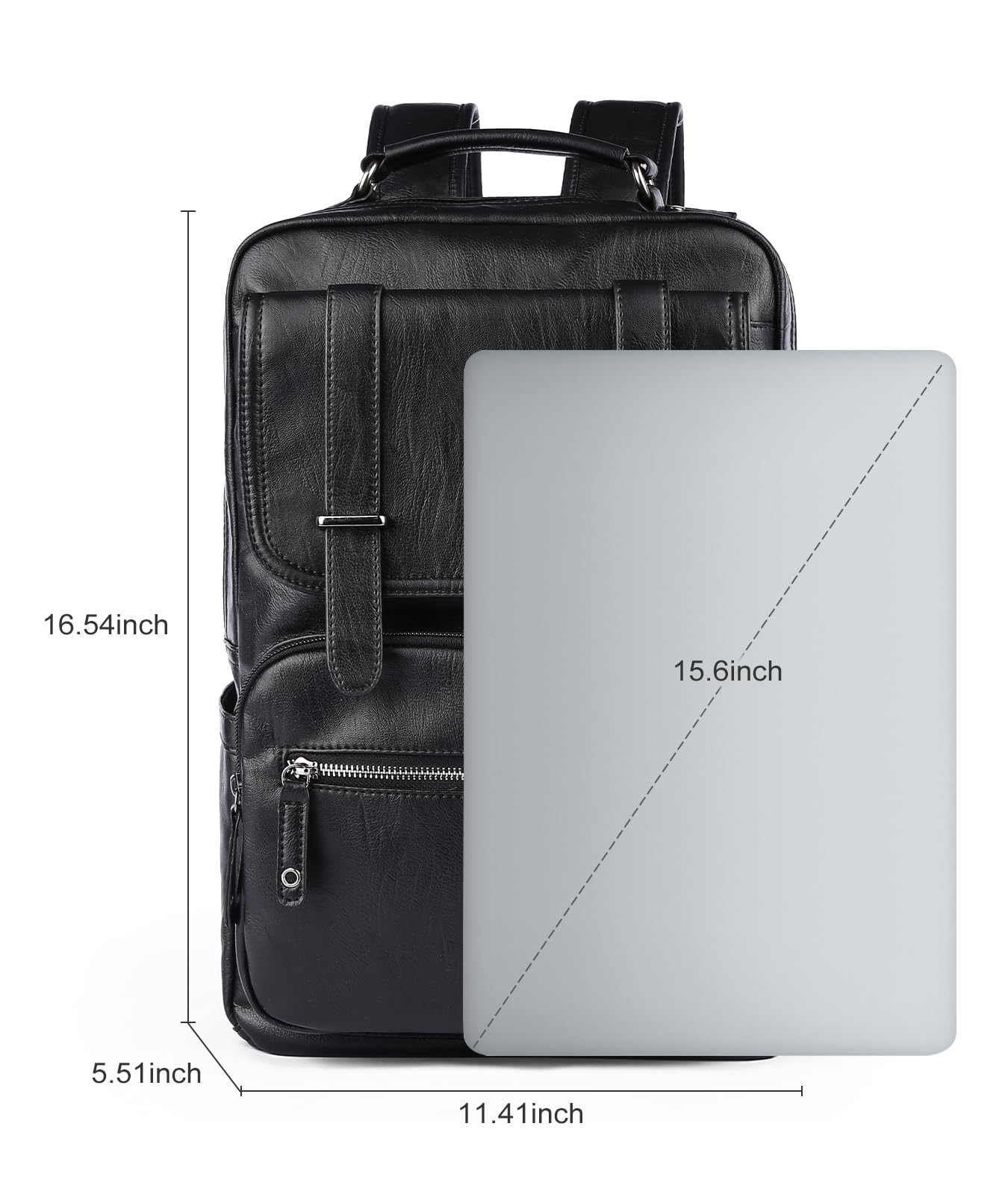 MOYYI Black Leather Backpack for Men Waterproof Fit 15.6 inch Laptop Backpack Work Commute Casual Daypack