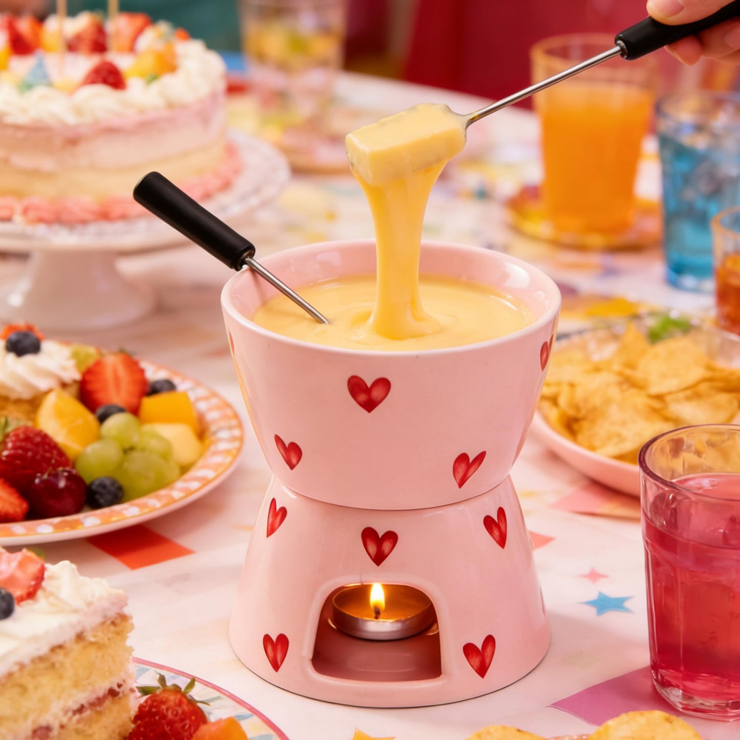 YumiPLUS Sweet Cheese Fondue Cup with 2 Dipping Forks, Ceramic Chocolate Melting Cup Set, Individual Fondue Mug for Dessert, Small Chocolate Melter for Dating/Anniversary/Gift/Valentine (Pink)