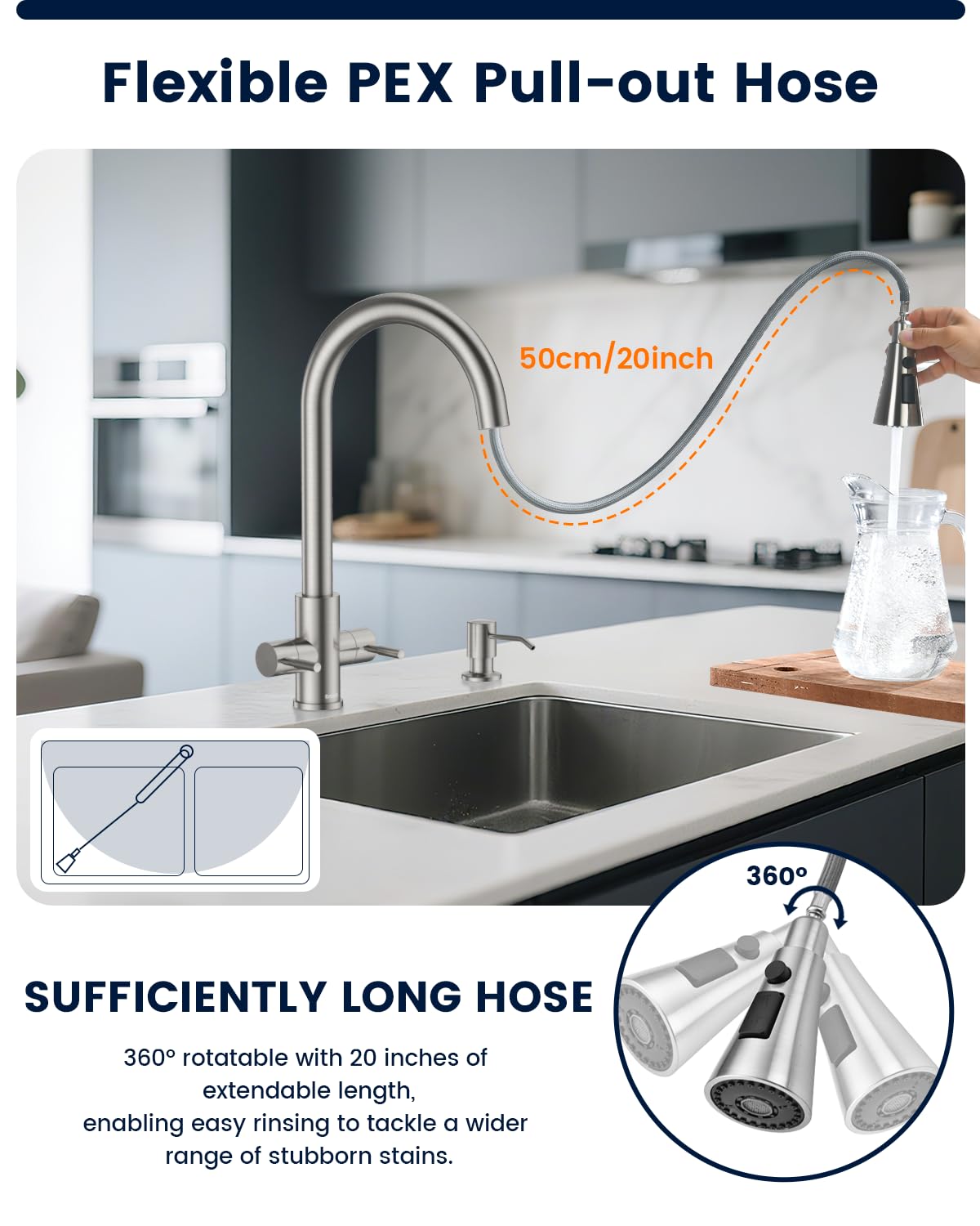 DAYONE 2 Handle Kitchen Faucet with Soap Dispenser, Two-Handle Kitchen Sink Faucets with Pull Down Sprayer Brushed Nickel, Stainless Steel 1 to 4 Holes Faucet for Sink