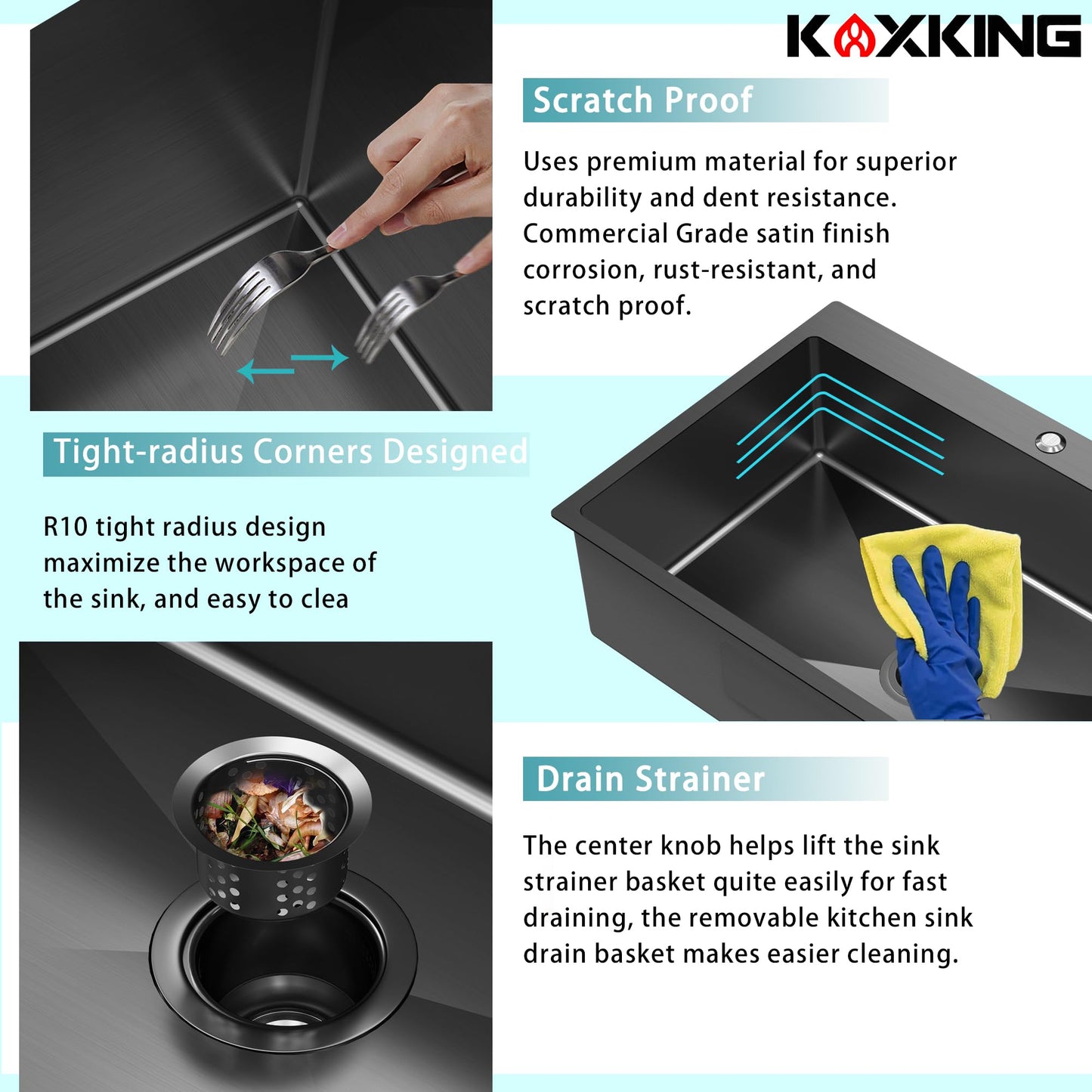 KOXKING 33x22x9 Inch Drop In Deep Single Bowl Kitchen Sink (Topmount), 16 Gauge SUS304 Stainless Steel Black Modern Handmade Sink