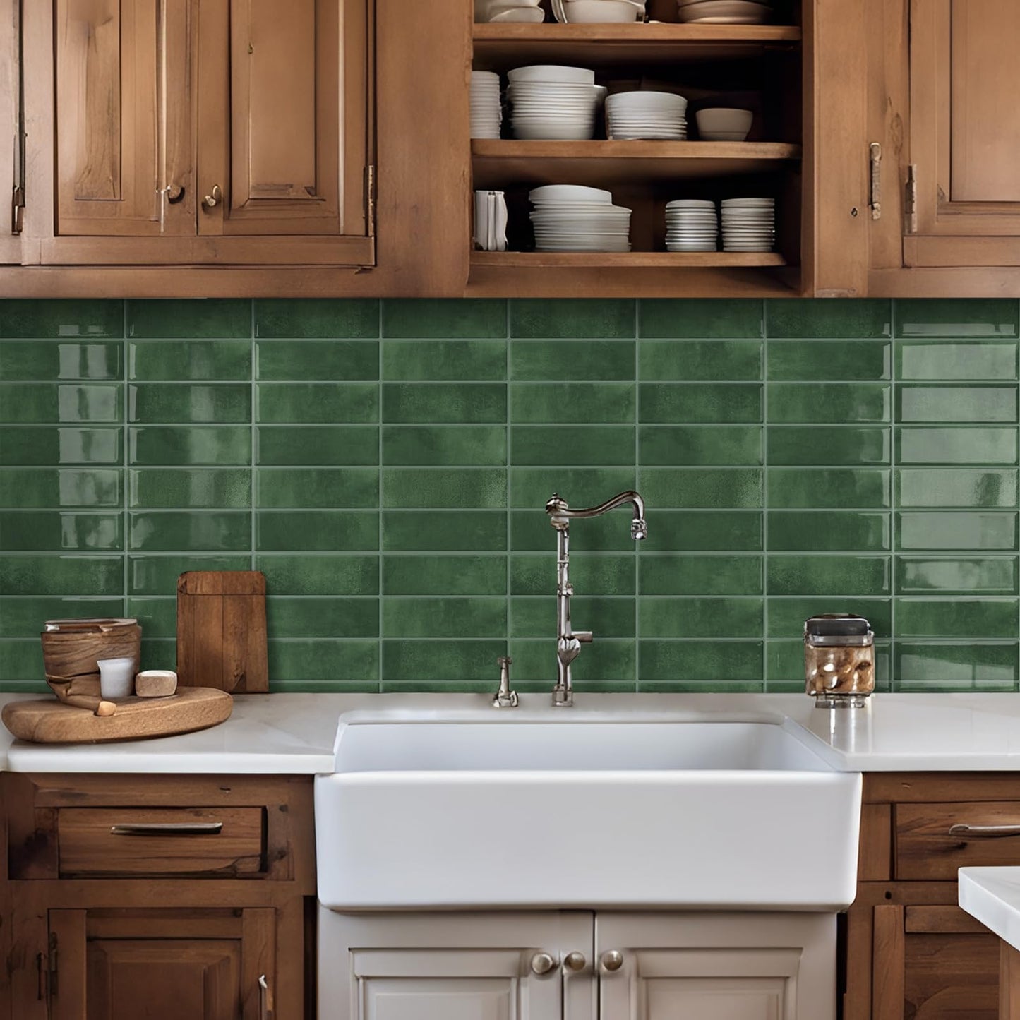 DEWOO Peel and Stick Subway Backsplash Green Kitchen Bathroom Rectangle Self Adhesive Wall Tile Brick (10-Sheet, 12"×12")