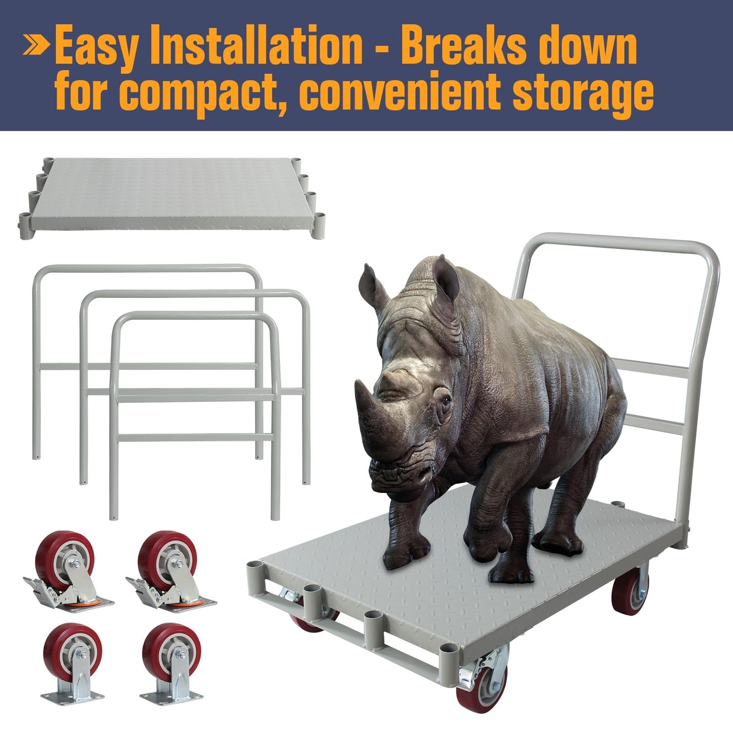 2IN1 Steel Panel Truck Cart, Lumber Cart Drywall Dolly，2500LBS Heavy Duty Flatbed Cart Dolly with 5" Swivel Brake Wheels, 2MM Plate Platform Truck with 1Front and 2Side Handrails