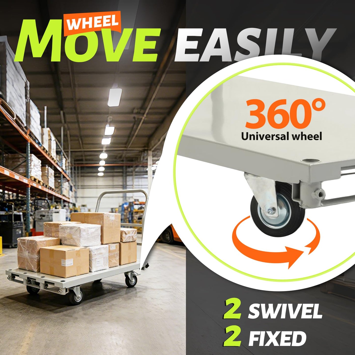Gelacie 42x24inch Steel Truck Cart, Flat Dolly Cart, Flatbed with 2200 lbs Capacity Platform Truck, Heavy Duty Lumber Drywall Dolly, 4 Swivel Casters, Board with w/1 Front & 2 Side Handrails Silvery