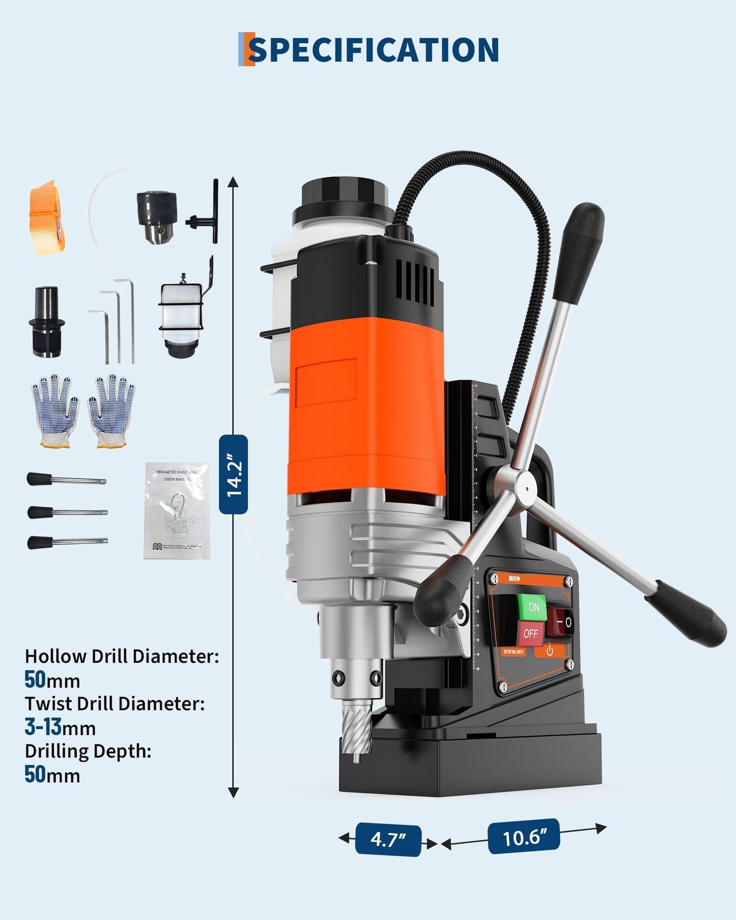 1650W Mag Drill Press, 1.57" Boring, 2922lbf Magnetic Base, 10-Speed, 810RPM, Portable Drill Machine with 10 Annular Cutters, 3 Twist Bits, Adjustable Depth, Industrial Drilling Tool Box