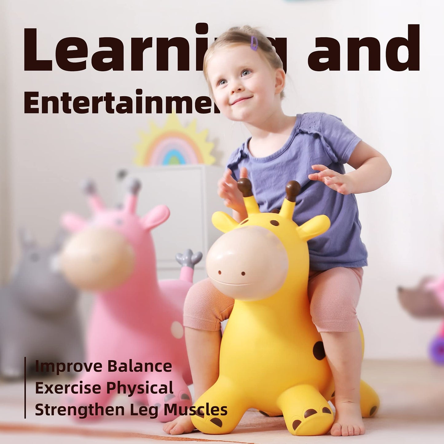 EVERICH TOY Giraffe Bouncy Horse Hopper for Toddlers, Bouncy Animals Jumping Horse, Inflatable Ride on Bouncer Hopping Toys Gifts for Boys Girls 18 Months 2 3 4 5 6 Years Old
