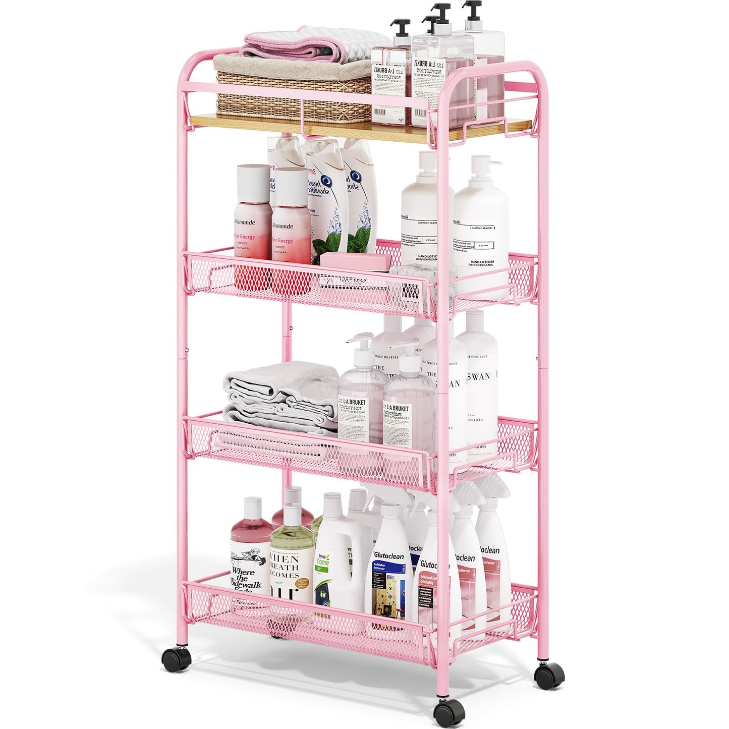 TOOLF 4-Tier Rolling Cart, Metal Utility Cart, Slide Out Storage Cart with Wooden Tabletop and Mesh Baskets, Easy Assemble Trolley for Kitchen Bathroom Laundry Room Bedroom Apartments Dormitory