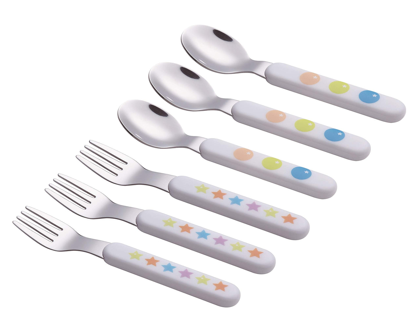 EXZACT Kids Flatware 6pcs Stainless Steel 18/10 Toddler Utensils Flatware- 3 x Forks, 3 x Spoons- BPA Free, Dishwasher Safe - 12 M+ - Stars & Dots