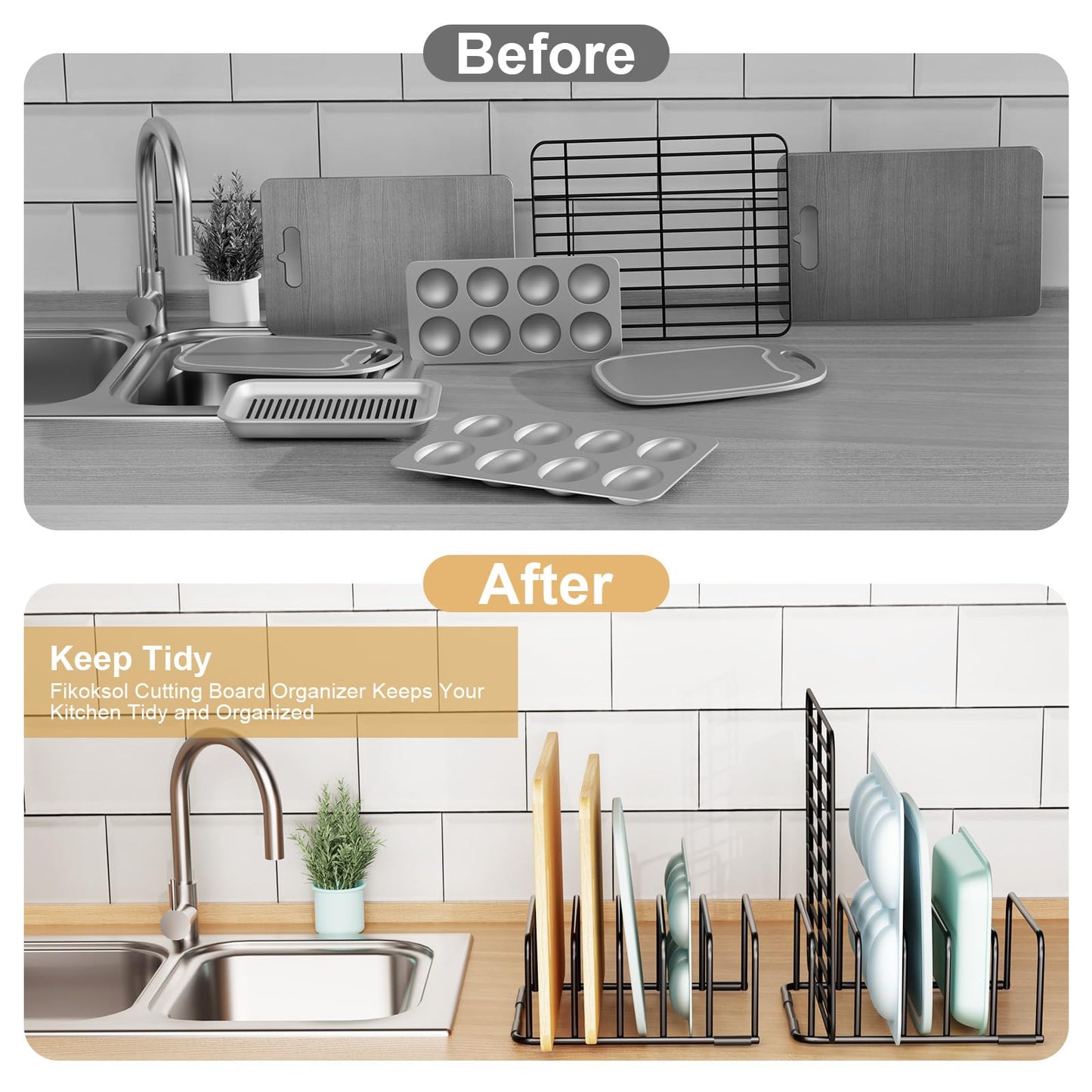 Fikoksol Cutting Board Organizer and Baking Sheet Rack, 1-Pack Black Heavy Duty Metal Cookie Sheet Organizer for Cutting Board Storage & Plate Holder for Cabinet, Tray Dividers for Cabinets