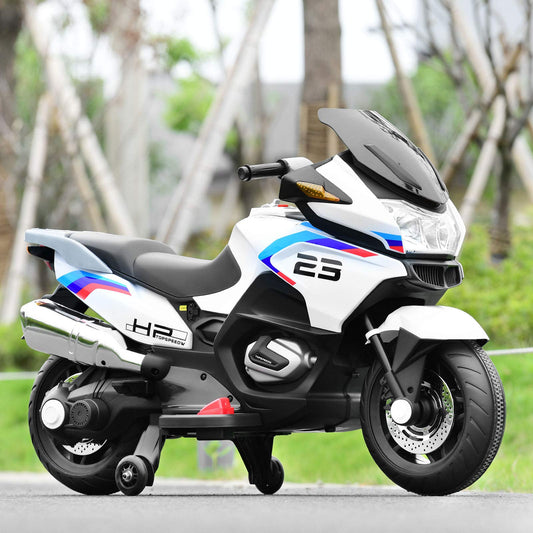 FUTADA Kids Ride on Motorcycle, 12V Kids Electric Motorcycle w/Training Wheels, Bright LED Light, Music, Foot Pedal, Battery Powered Tricycle Toy, Birthday Gift for Children, Girls Boys (White)