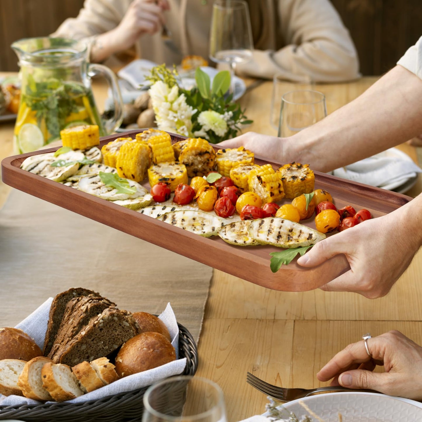 Large Serving Platters Wooden Charcuterie Boards for Party Food Dish Rectangle Acacia Wood Trays Home Decor Cheese Board Snack Appetizer Plates Rectangular Kitchen Dinner Platter Cookie Dessert Tray