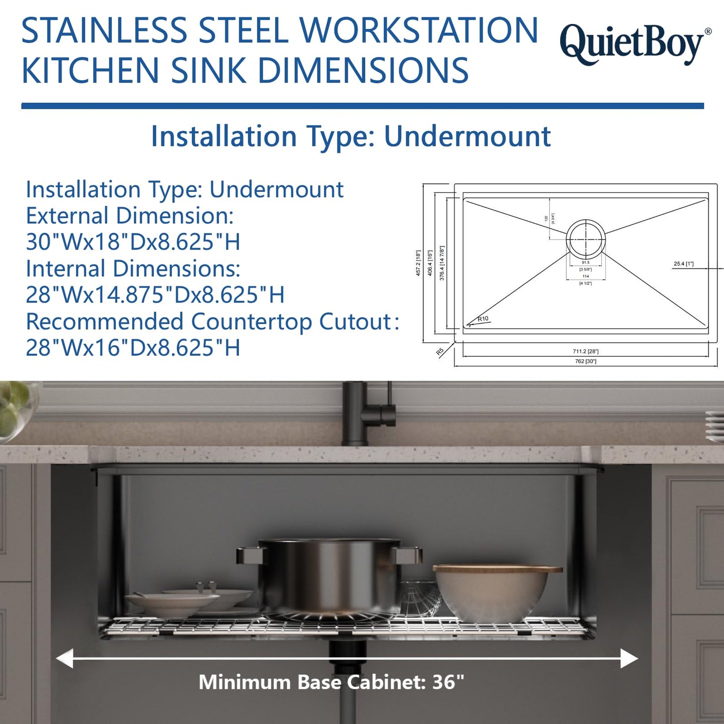 30" Black Stainless Steel Workstation Kitchen Sink, Large Single Bowl Drop-In Undermount Farmhouse Sink (Black, 3018)