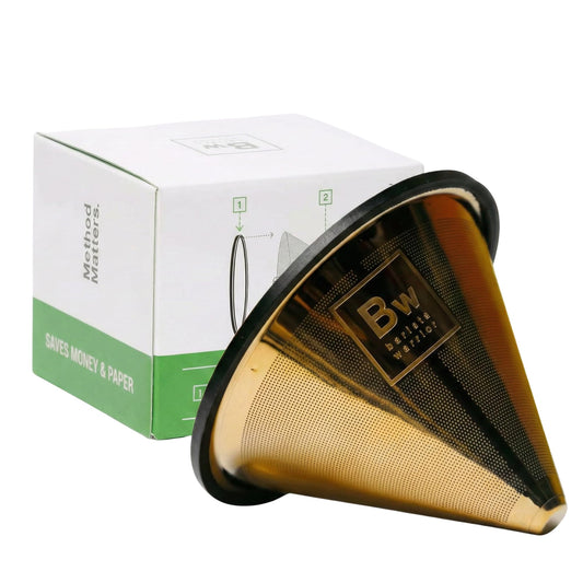 Barista Warrior Reusable Coffee Filter - Stainless Steel Pour Over Dripper, Compatible for Chemex, Hario V60 & Drippers, Easy to Clean Flavorful Brew Fine Mesh Coffee Filter - Gold Titanium Coated