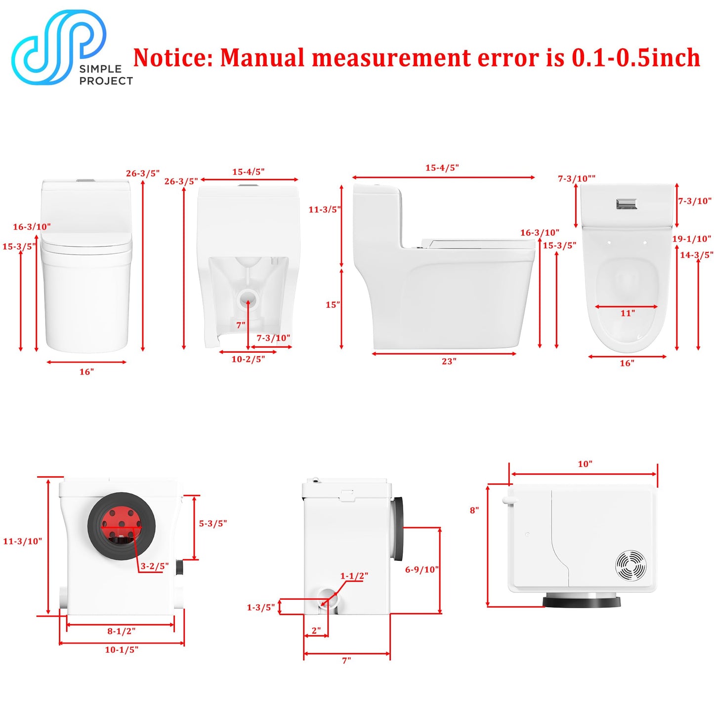 Simple Project Macerating Toilets System with 600w Macerator Pump, Upgrade Upflush Toilet for Basement, Powerful & Quiet Operation Macerating Toilet Bowls with 3 Water Inlet & Ac Vent