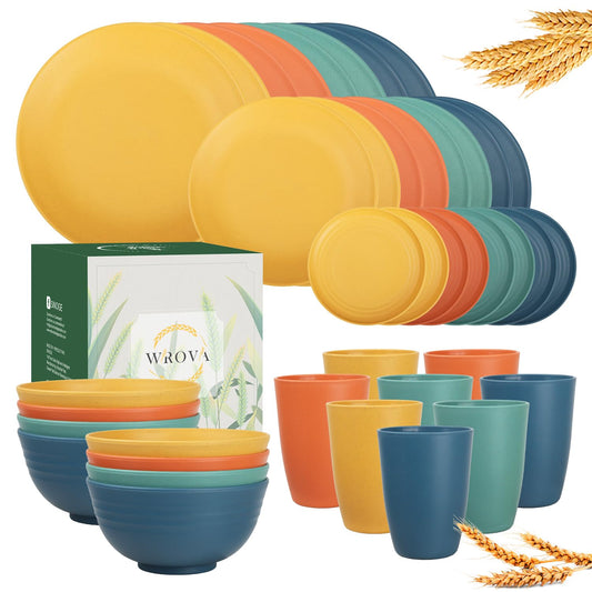 Wrova 40Pack plates and bowls sets for kids - Unbreakable wheat straw dinnerware sets service for 8 - Alternative plastic 40pcs dish sets for kitchen, camping and indoors dinning - (Colorful)
