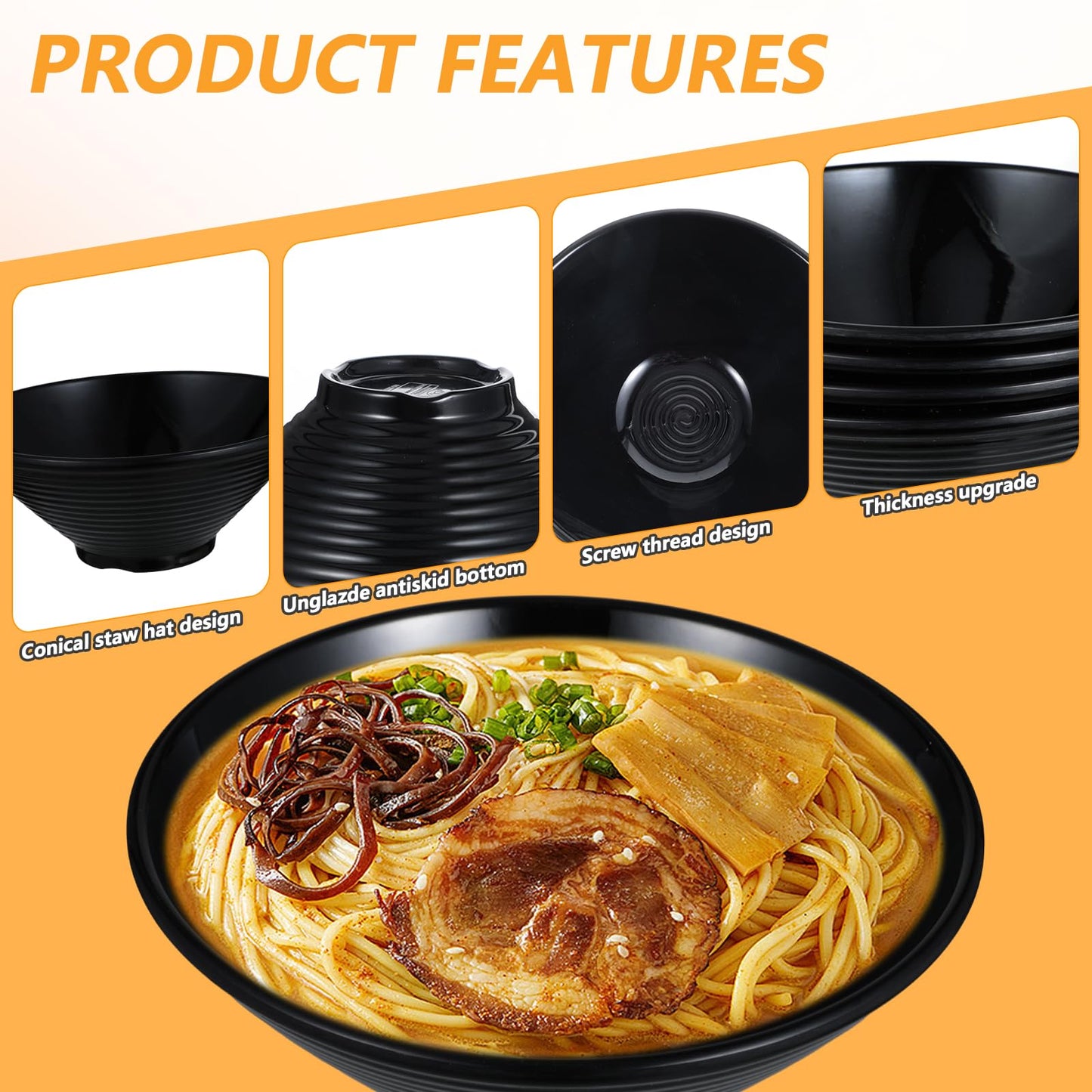 Set of 4 Ramen Bowl Set, Melamine Large Japanese Style Noodle Soup Bowls with Spoons and Chopsticks for Ramen, Pho, Noodles, Asian Dishes Black,Large Bowl for Adults| Dishwasher Safe (Black 8.7in)