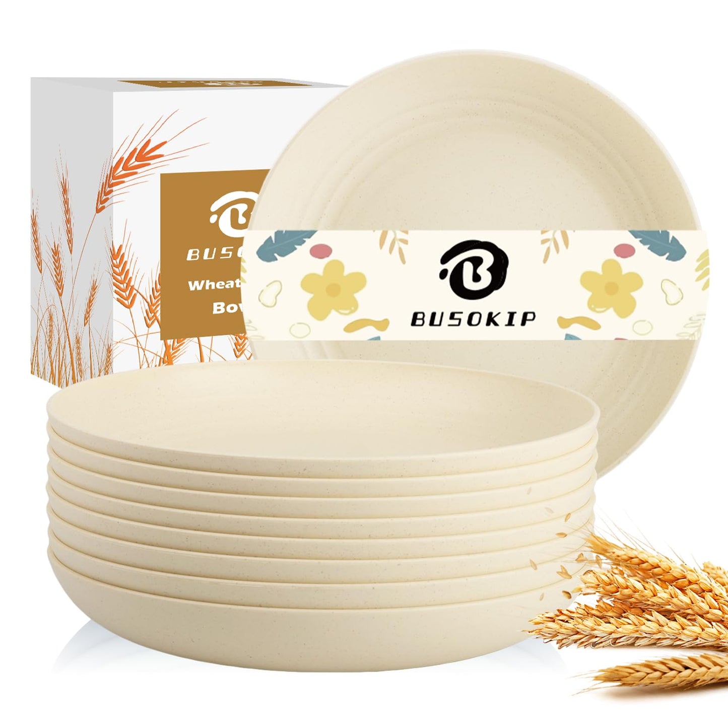 BUSOKIP Deep Dinner Plates Set of 8, Wheat Straw Plate 9 Inch, Lightweight and Unbreakable Plastic Plate Reusable, Microwave & Dishwasher Safe Camping Plates for Picnic, Outdoor, Travel (Beige)