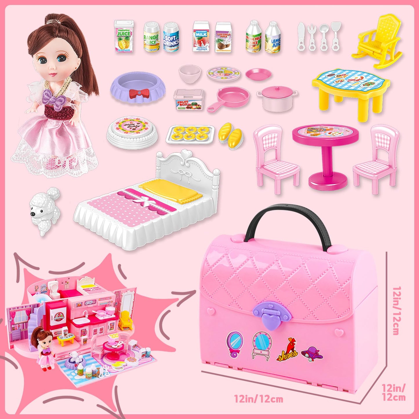 deAO Doll Houses Portable Backpack for Girls with Doll Toy House with Light and Music Baby Dollhouse Furniture for 3 to 8 Years Olds Toddler Kids