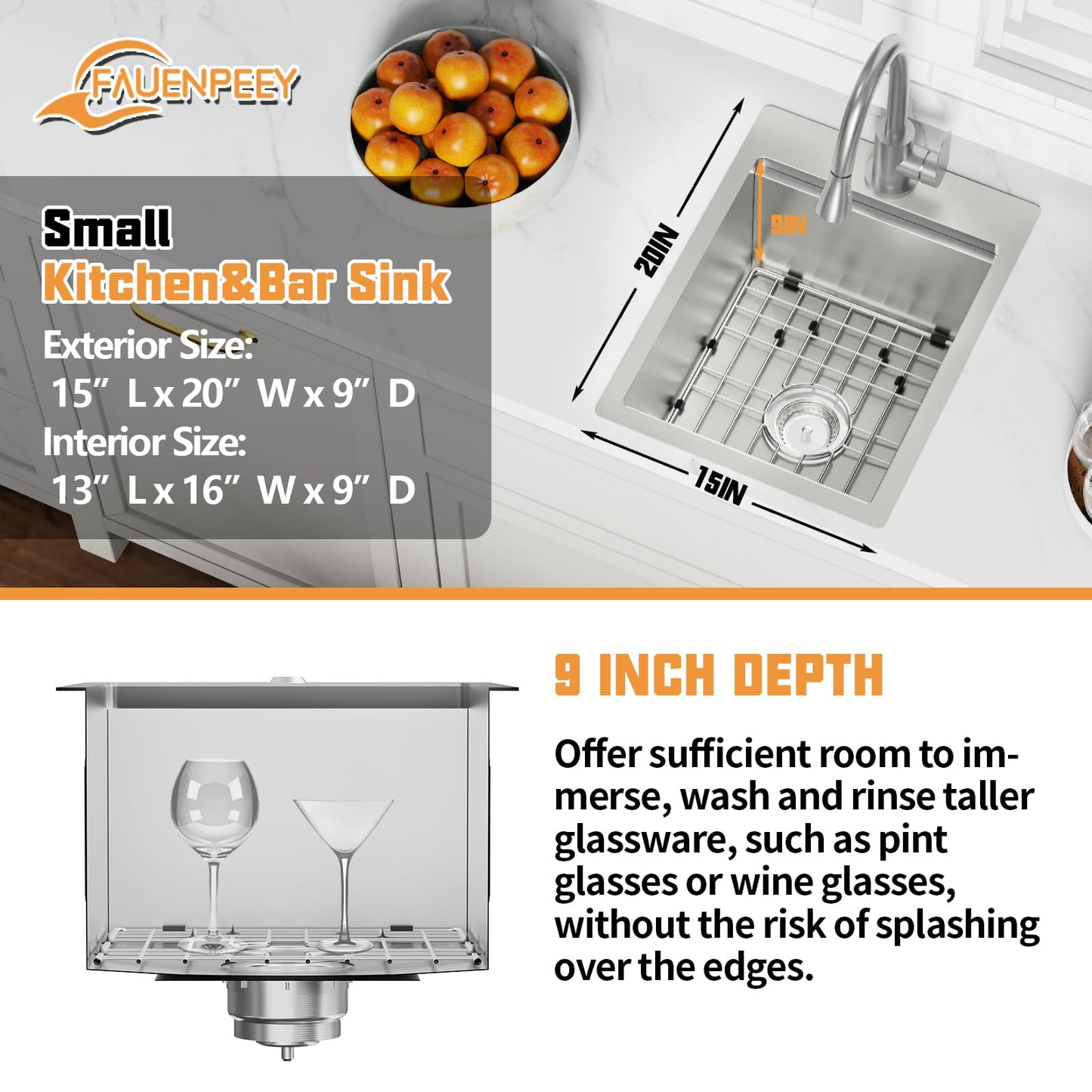 15x20In Kitchen And Bar Workstation Sink- Small Stainless Steel Drop In Single Bowl Bar Sink Built-in Ledge Topmount Workstation Sink With Accessory-SS Grid Cutting Board,Silicon Mat,Drain Assembly