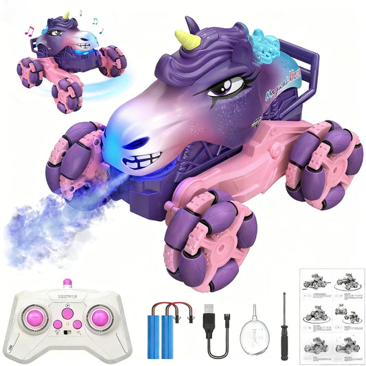 MAGTHIC Remote Control Car 1:18 Pink Unicorn Monster Truck 360° Spin-Dance Light Music with Spray, 2.4 GHz 4WD 120 Min Runtime Off-Road for Indoor & Outdoor Fun Toy Birthday Gifts for Girls Age 3+