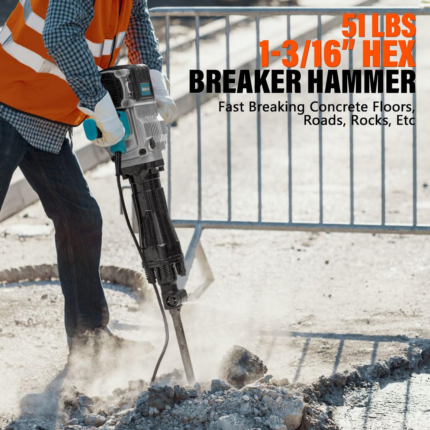 Berserker 2100W 50-Pound Demolition Jack Hammer with 1-3/16" Hex, 17-Amp Corded Electric Heavy Duty Demo Chipping Hammer Concrete/Pavement Breaker with Carrying Case Flat Chisel Bull Point Chisel